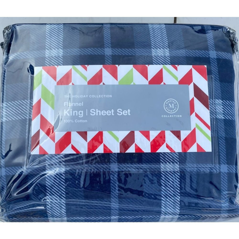 Martha Stewart King 4PC Cotton Blue Checker Plaid Flannel Sheet Set